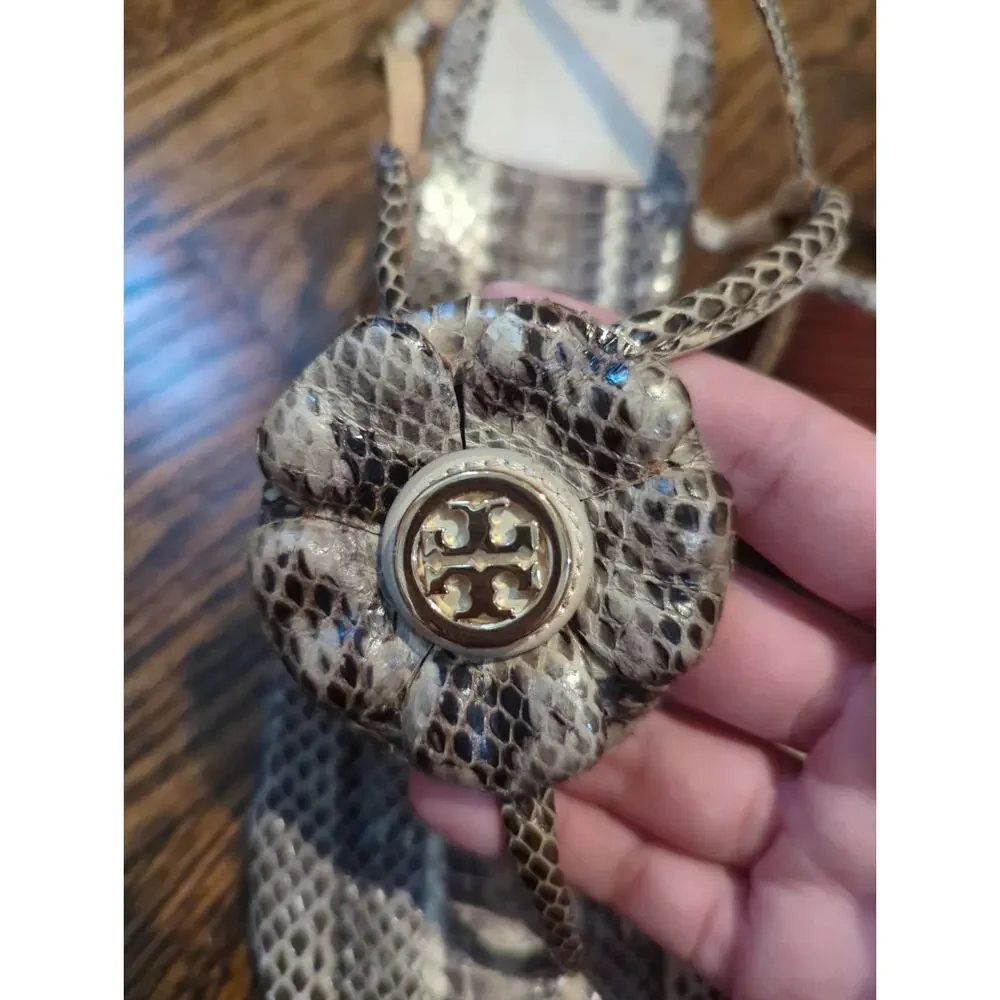 Tory Burch Snake Skin Flower Wedge Sandals